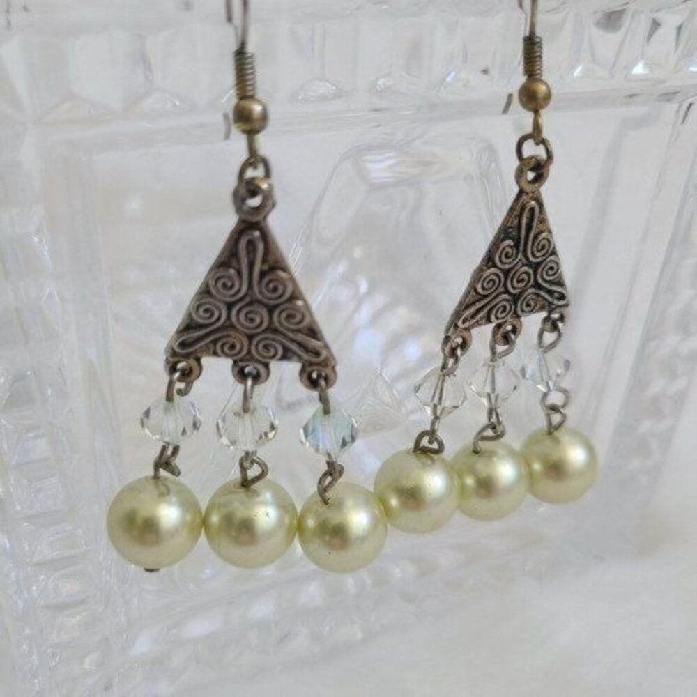Crystal Faux Pearls Chandelier Earrings